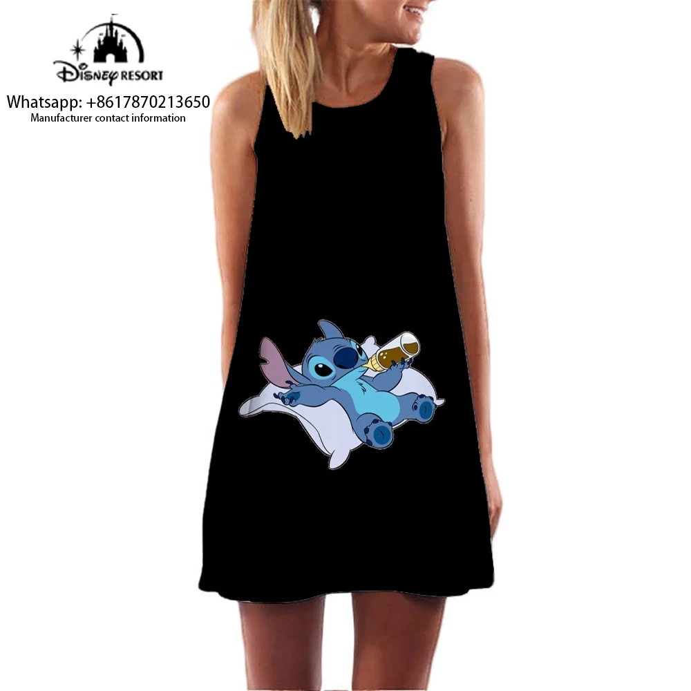 

Summer Disney blue and pink stitching women's birthday party casual dress adult parent-child dress 3D printed love cartoon