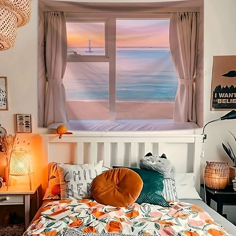 VIKAMA Wandteppich mit Sonnenuntergangs-Meereslandschaft in Rosa-Lila, Instagram-inspiriert, zur Wandgestaltung im Wohnheim, dekorativer Wandteppich