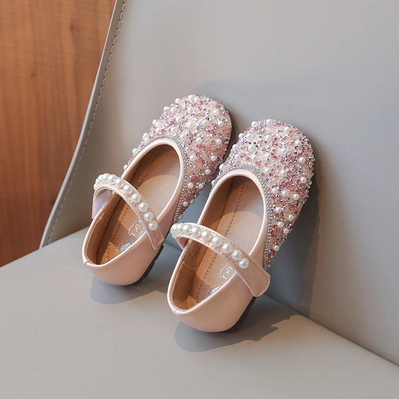 Toddler Girls Pearls Princess Shoes Kids Sequins Mary Jane Shoes Baby Gilrs Dance Wedding Shoes Autumn Spring 6-12Y Flats Autumn