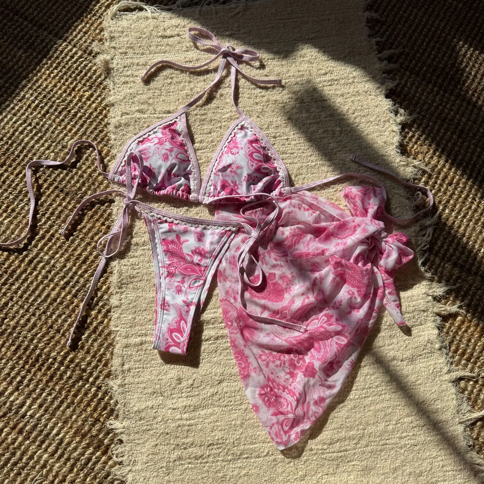 

sexy vintage print bikinis sets 3pcs with mesh cover skirt white lace swimsuits bathing suit beach outfits biquini tankini