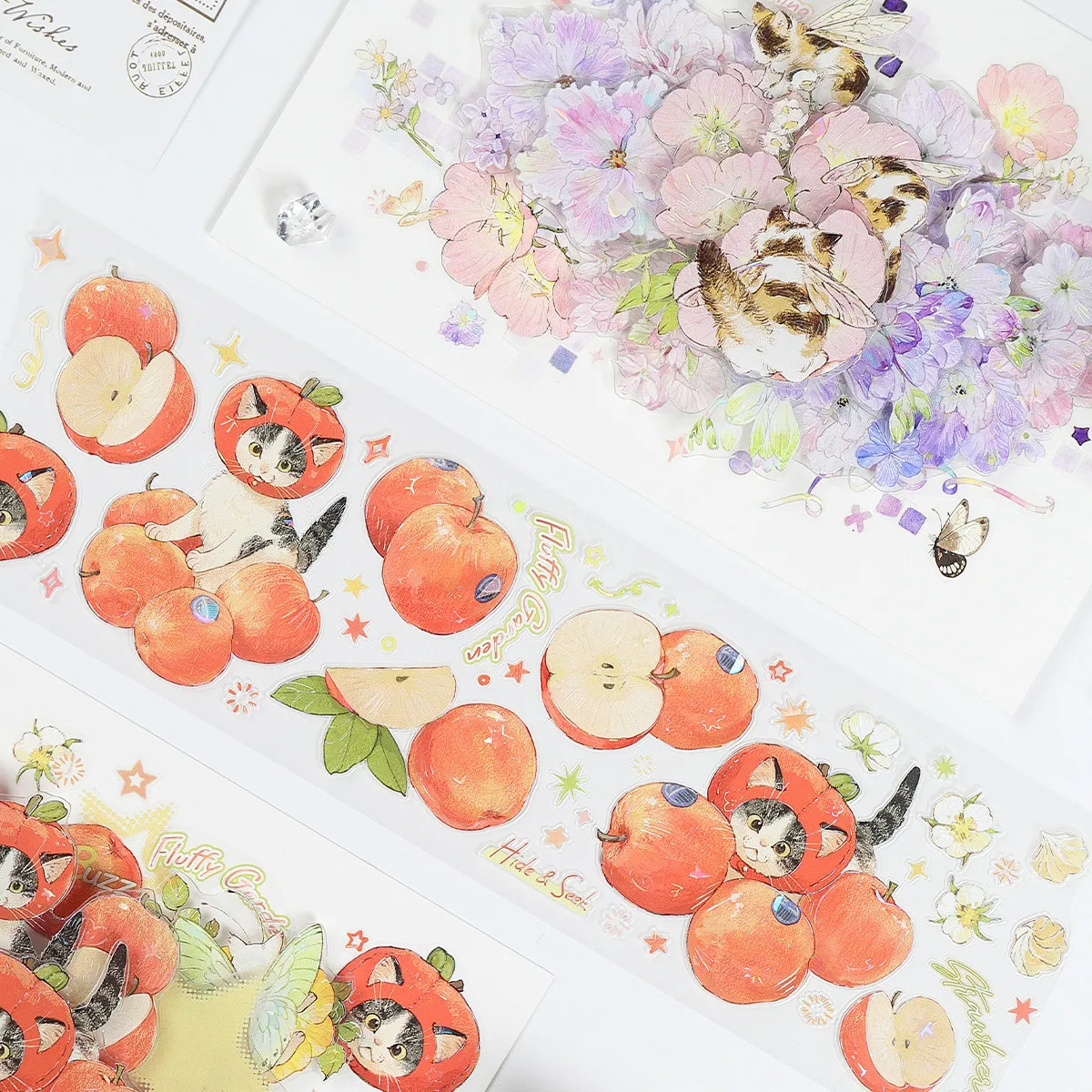 9.1 5M Sticker Roll Fruit Cat Workshop Flower Cat Messenger Original PET Die Cut Washi Tape Decorative DIY Journaling