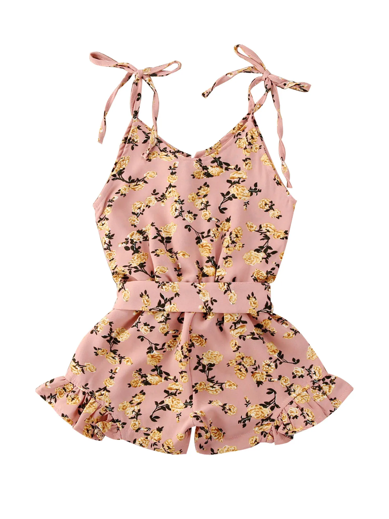 

Adorable Toddler Girls Sleeveless Rompers with Cute Bowknot Straps Summer Floral Print V-Neck Jumpsuits for Little Princesses