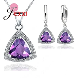 Pure 925 Silver Color Jewelry Sets Shiny Triangle Cubic Zirconia Necklace Earrings Bridal Women Wedding Jewellery
