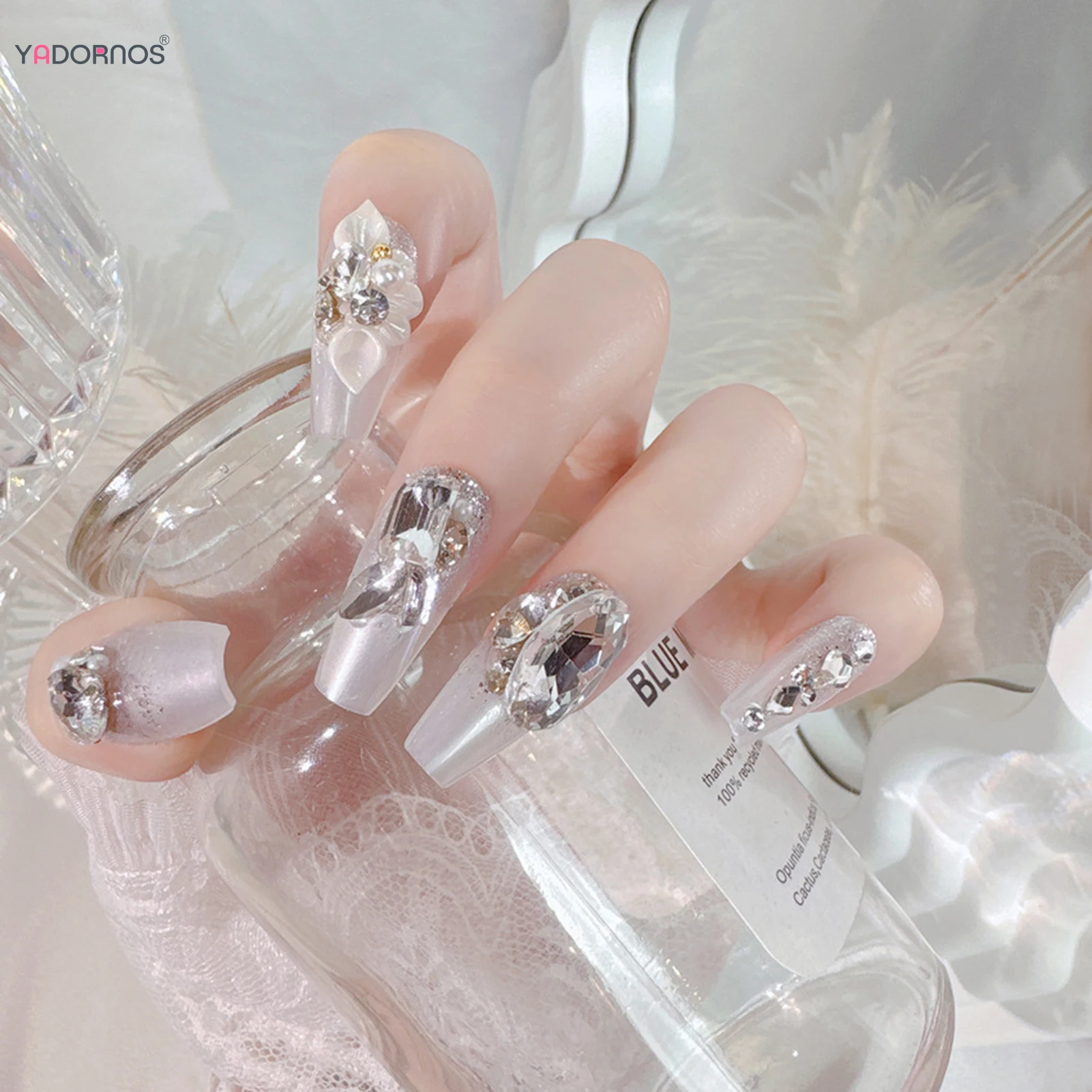 White Press on Nails Shiny 3D Diamond Designs Long Ballerina Fake Nails Woman Girls Wearable Manicure Wedding Nails Tips 24Pcs