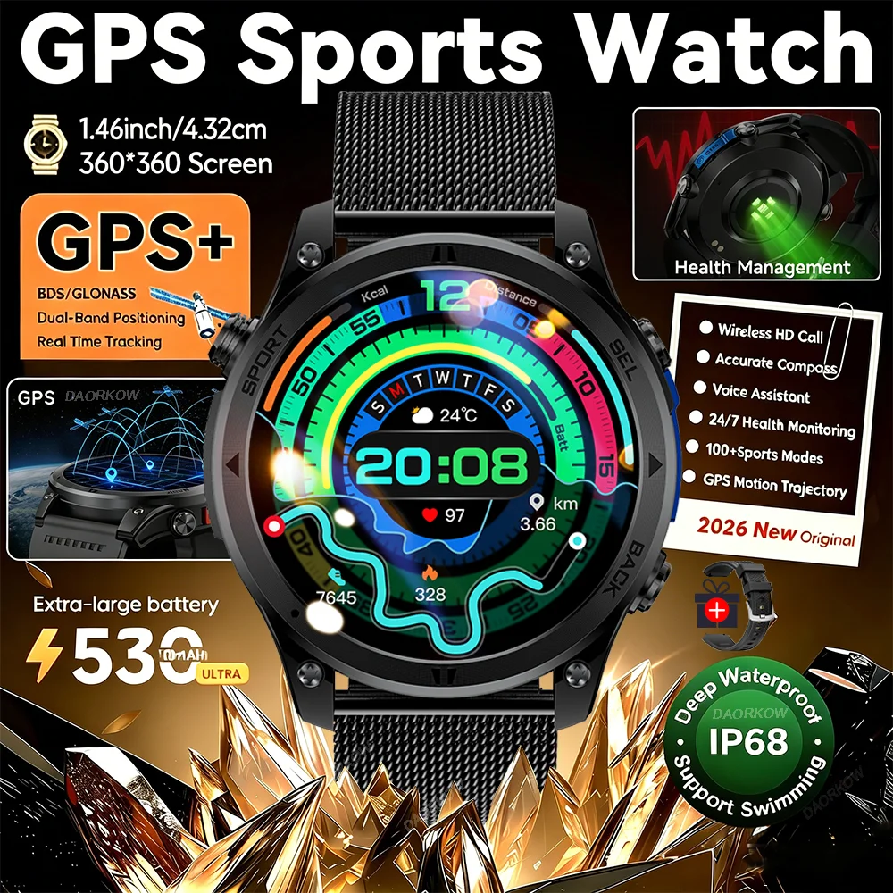 Gold Smartwatch with AMOLED Screen and Flashlight, Gift for Men