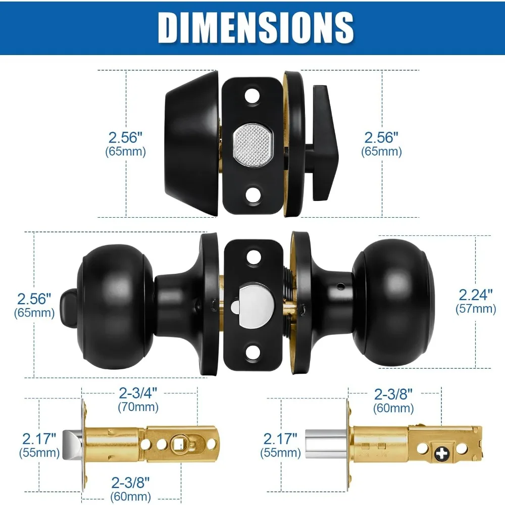 مقبض باب دخول كروي مستدير باللون الأسود غير اللامع ومجموعة كومبو ديدبولت ذات أسطوانة واحدة، بمفتاح على حد سواء للأبواب الخارجية