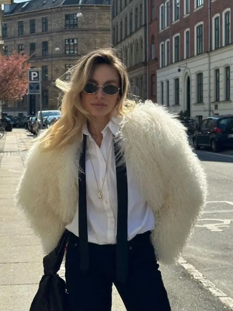 Chaquetas cálidas de piel sintética para mujer, abrigo corto de manga larga con cuello redondo, ropa de abrigo gruesa de gran tamaño, color liso, a