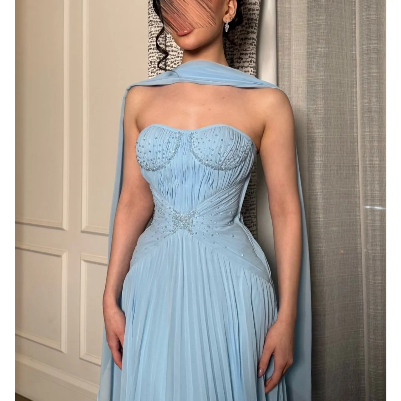 Light Blue Prom Dress Exquisite Strapless Evening Dresses Sequins Beaded Saudi Arabia Wedding Party Dress Customized 2026