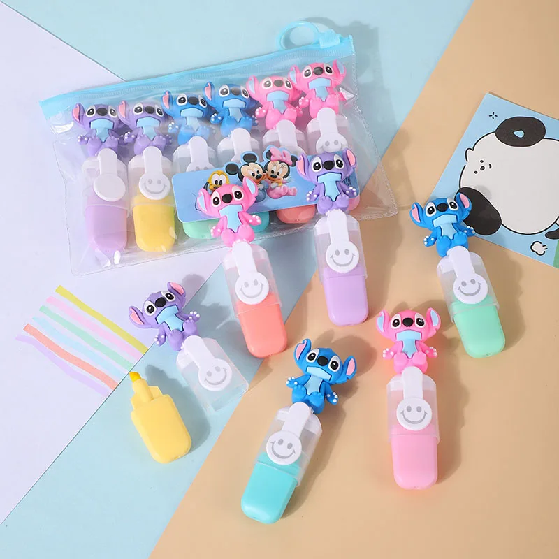 New Kawaii Disney Stitch Mini Highlighter Set Students Stationery Anime Graffiti Watercolor Pens Kids Christmas Birthday Gifts