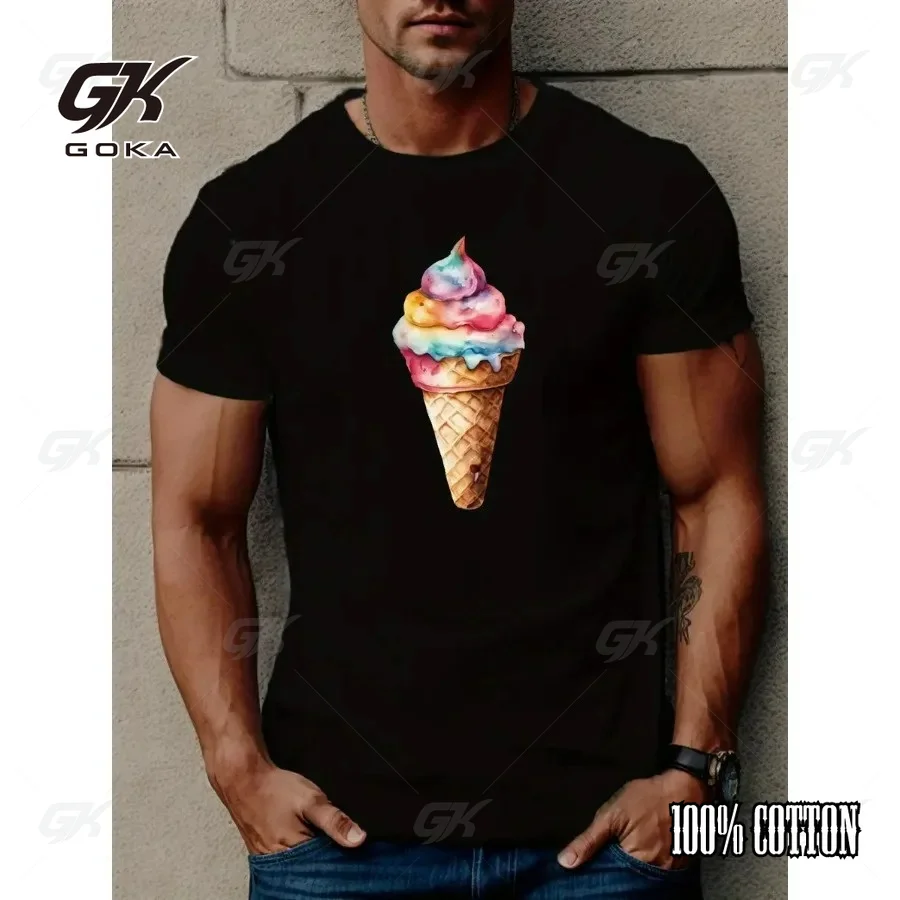 Unisex Watercolor Rainbow Ice Cream Cone Graphic T-Shirt Summer Sweet Treat Print Casual Short Sleeve Dark Gray Y2k Clothes