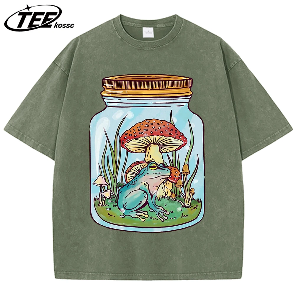 Camiseta lavada con estampado de rana bonita con setas en tarro de albañil para hombre, ropa de verano con cuello redondo, Top de algodón a la moda, camiseta informal de gran tamaño