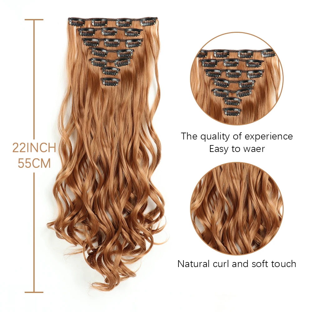 AZQUEEN-extensiones de cabello sintético ondulado largo para mujer, postizo resistente al calor, color naranja y dorado Natural, 16 clips, 7