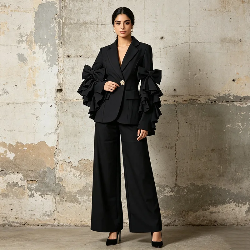 ZAMOR HIGH QUALITY 2026 Autumn Minimalist V-Neck Bow Spliced Blouse and Solid Dress Pants Set