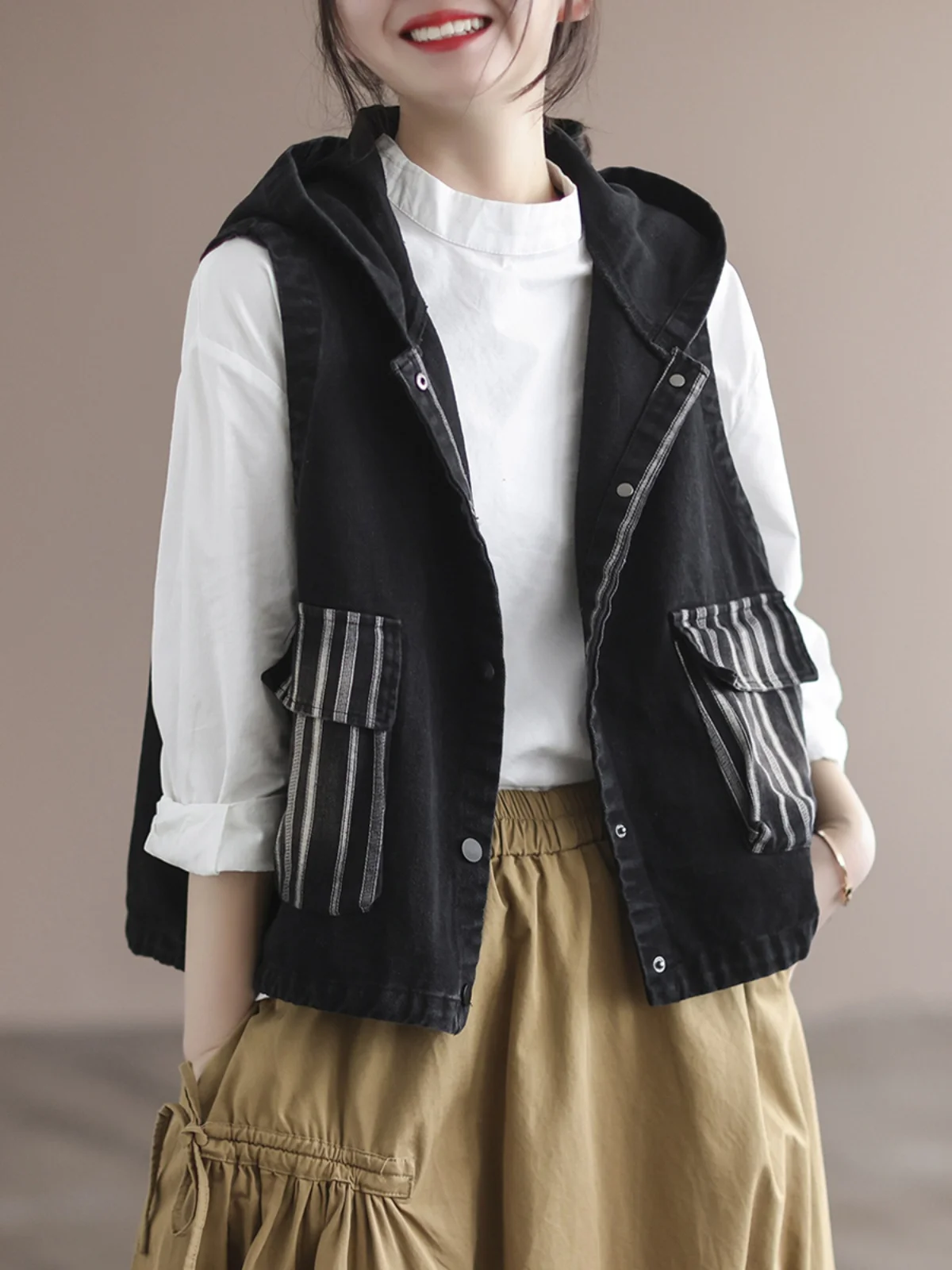 

Женский джинсовый джинсовый джерт свободного кроя с капюшоном, универсальная верхняя одежда с накладками на плечах, повседневная художественная ретро Sle Faionable