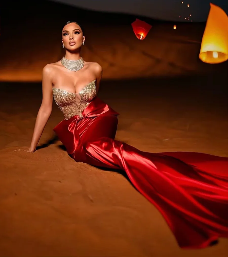 Elegante sirena roja con lazo tren de barrido ropa formal vestido de fiesta vestidos de noche vestidos de fiesta con cuentas brillantes sin tirantes sexy