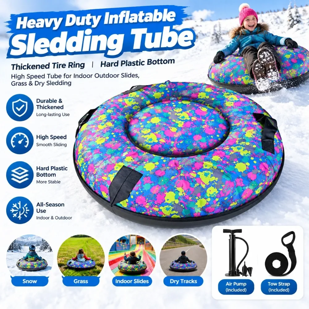 Snow tube,Thickened Tire Ring with Hard Plastic Bottom,High Speed Tube for Indoor Outdoor Slides, Grass & Dry Sledding