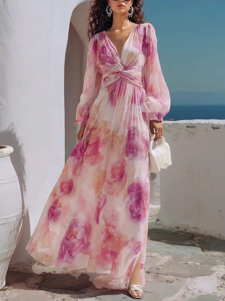 Women Casual Long Sleeve High Waist Long Dress Elegant Temperament Pocket Gowns Lady Fashion Tie-dye Print Chiffon Shirts Dress