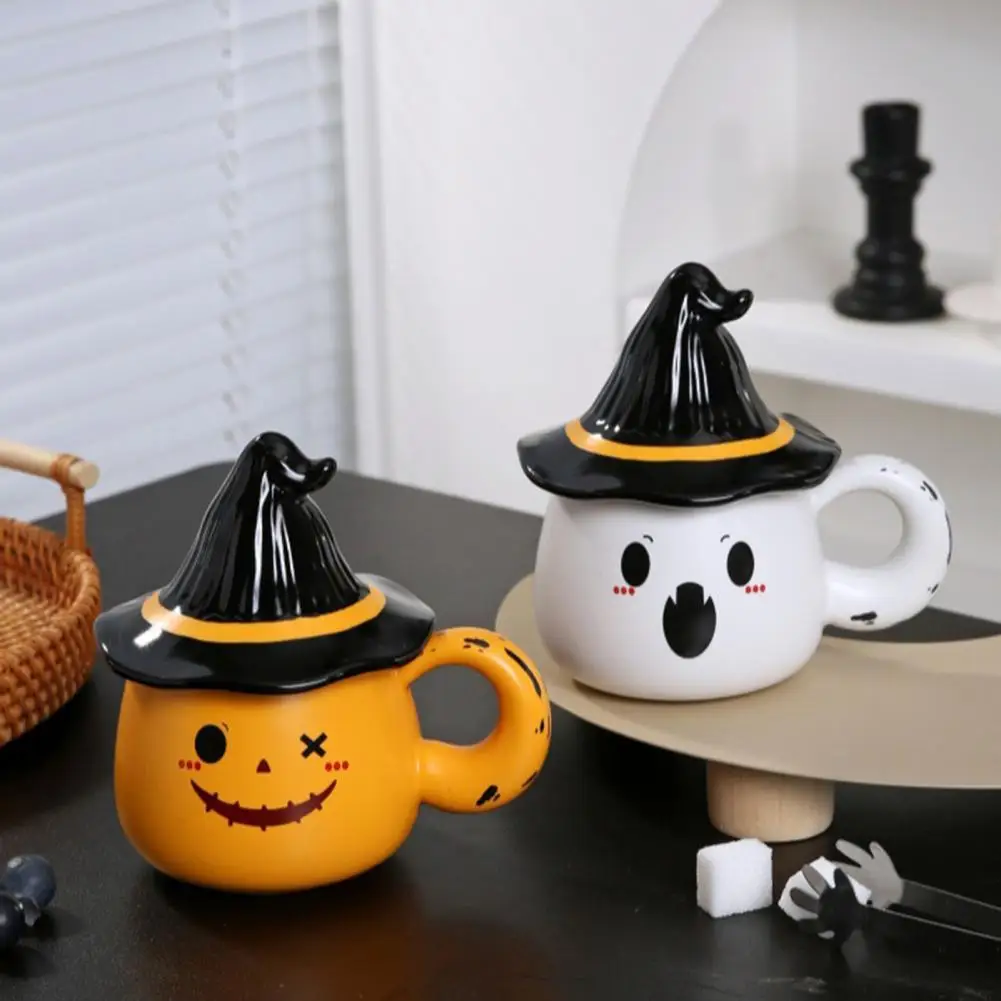 Sturdy Ceramic Drinkware Handmade Ghost Pattern Ceramic Cup with Elf Hat Lid Halloween Theme Artwork Mug for Use Unique