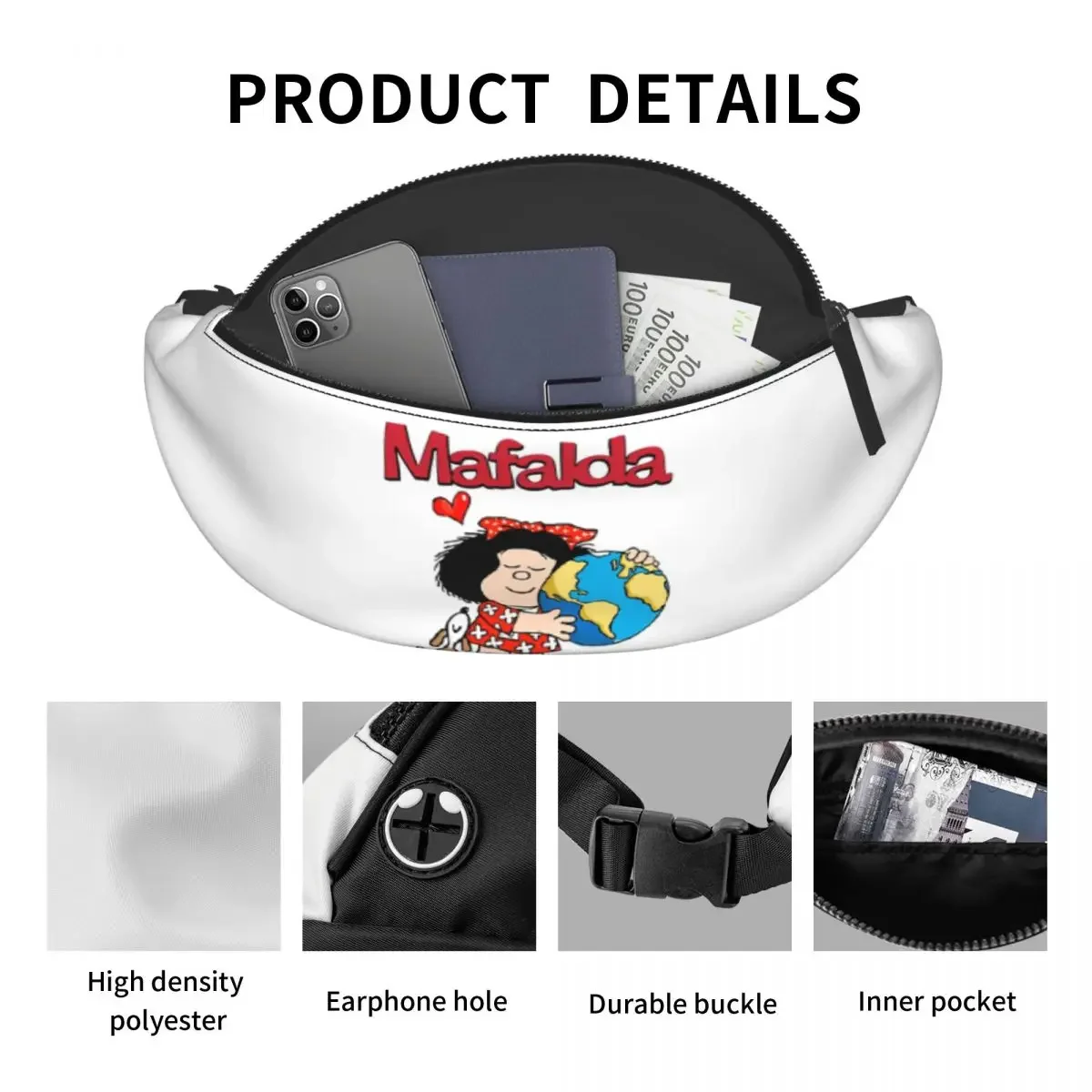 Mafalda World and Her Puppy Fanny Pack pour hommes et femmes, Qu37Comic Cartoon, Crossbody Waist Bag, Travel Hiking, Phone Money Powder