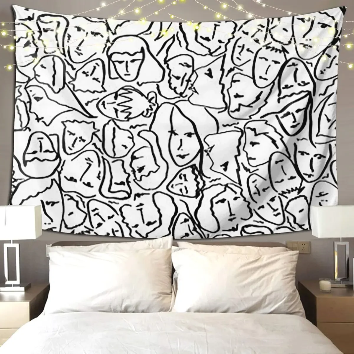 Faces In Black Outlines On White Tapestry Funny Wall Hanging Aesthetic Home Decoration Tapestries for Room Bedroom Dorm Room