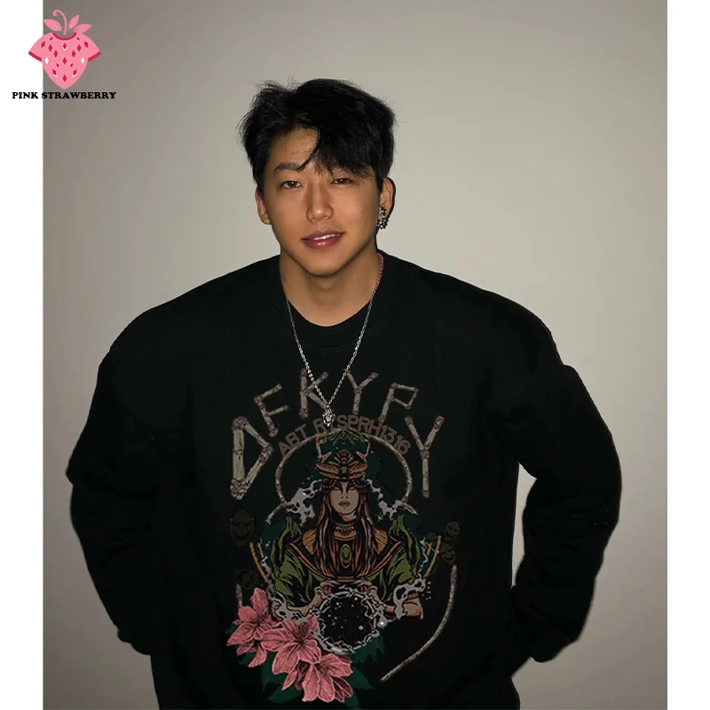 

American Devil Print O-Neck Hoodie Men Autumn Winter 2025New Oversize Loose Long sleeve Plush Pullover Y2K Top Men Warm clothing