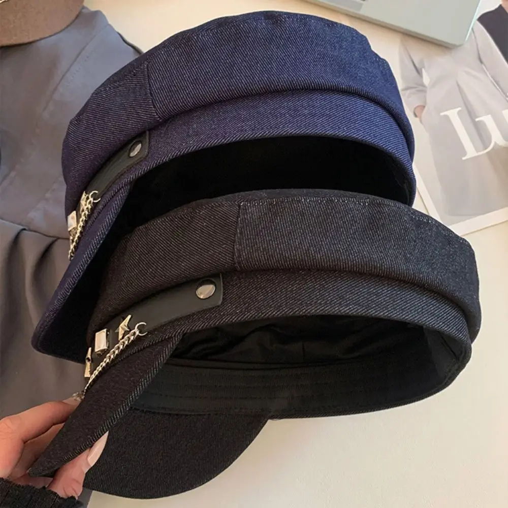 

Personality Cloth Rivet Denim Beret Korean Style Newsboy Cap Denim Octagonal Hat Artist Hat British Style Retro Painter Hat Girl