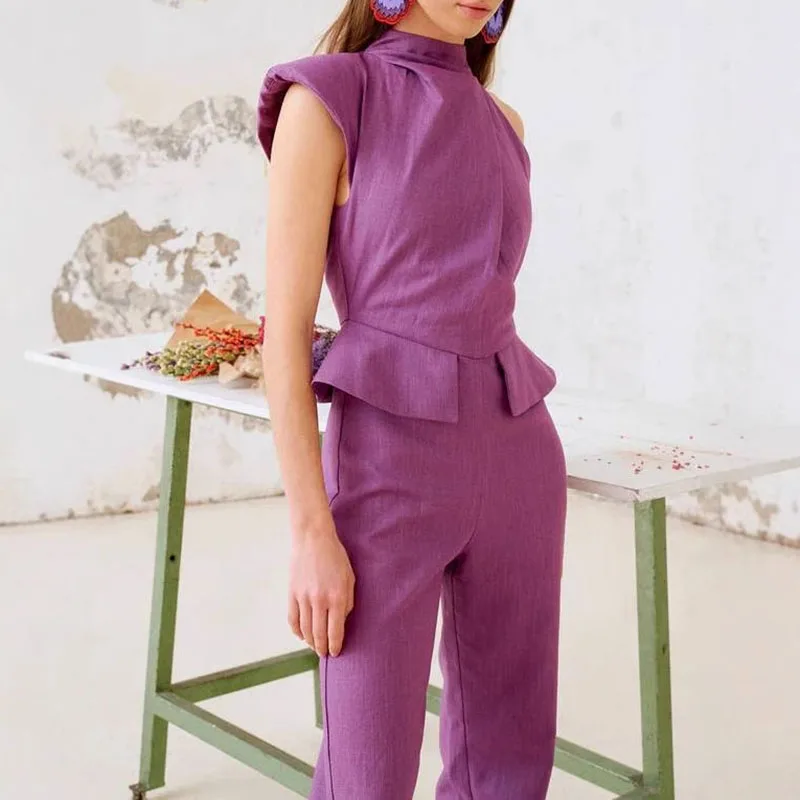 여름 신상 여성 스트레이트 팬츠 롬퍼 패션 불규칙 오프숄더 점프수트 캐주얼 솔리드 컬러 슬리브리스 홀터 플레이수트