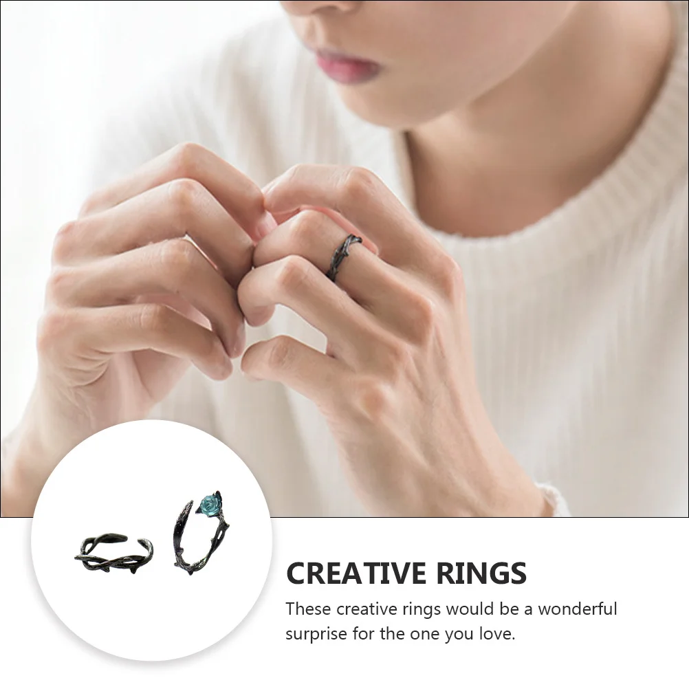 

2pcs Thorn Rose Couple Black Open Ring For Wedding Engagement Birthday Gift Fashionable Delicate Finger Decor Ring