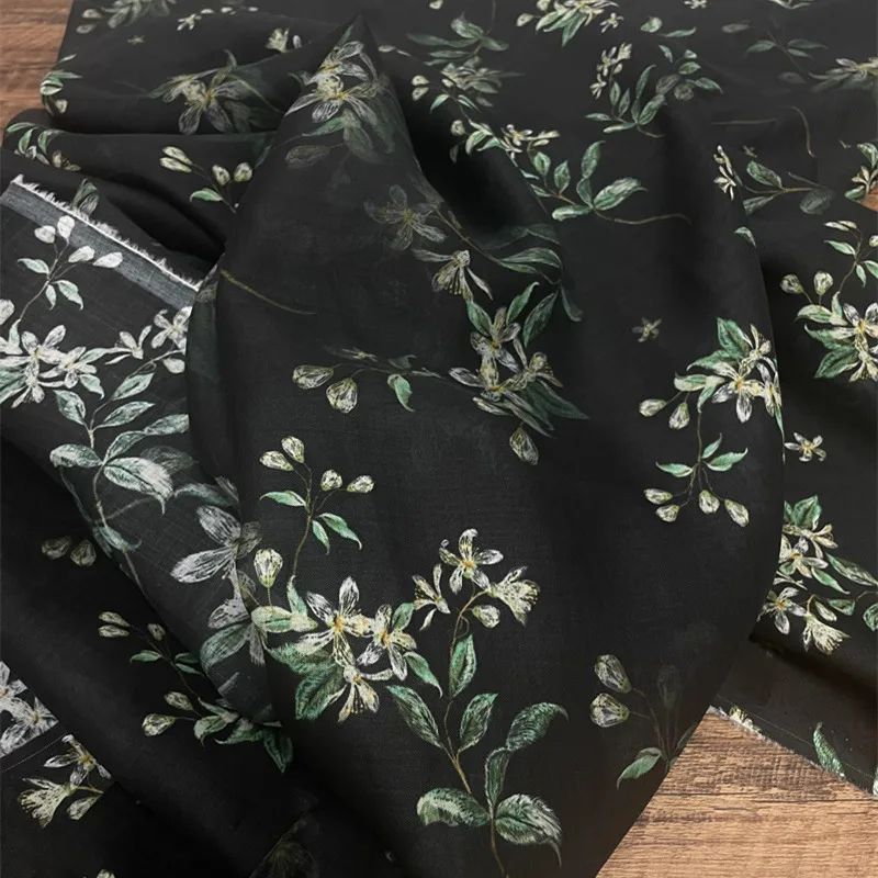 

1yard ramie tissu Black background with white flowers fabric for patchwork cheongsam clothing dress fabric