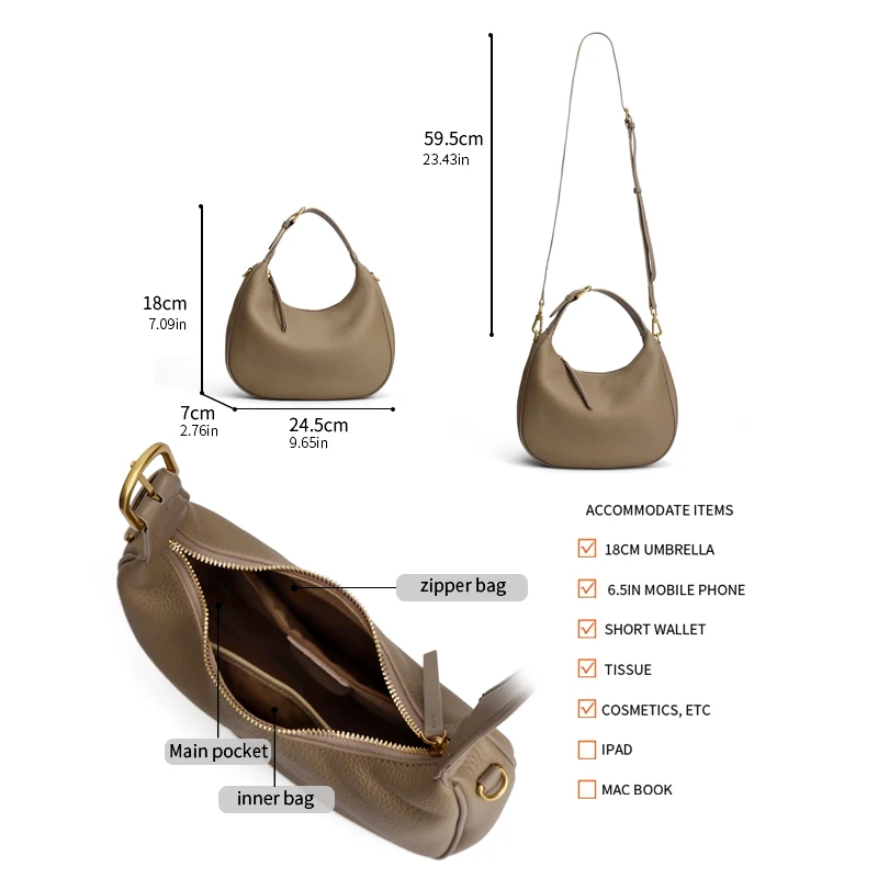 Women's Luxury Genuine Leather Hobo Bag Retro TC Full-Grain Cowhide Half Moon Shoulder Purse Detachable Strap Crossbody Handbag