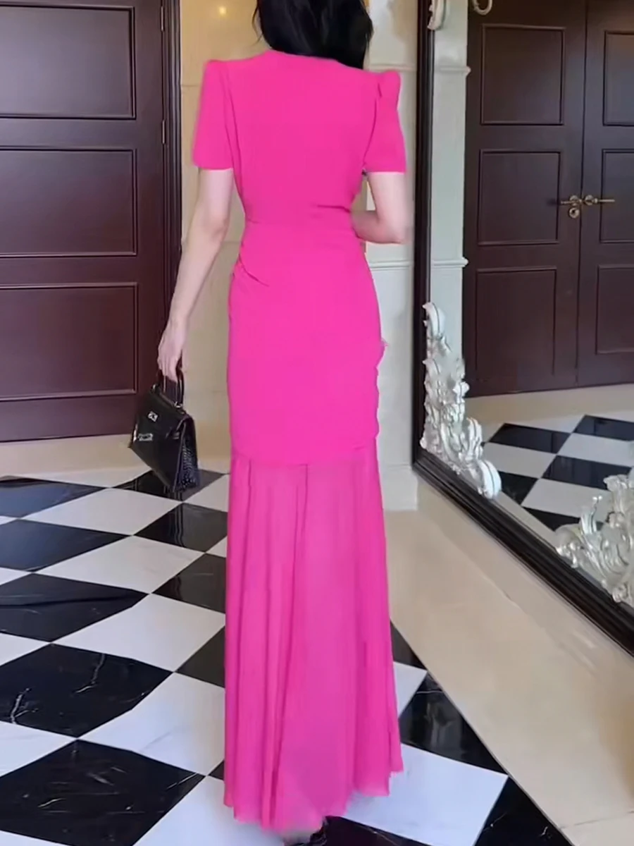 TWOTWINSTYLE ตีสี Spliced 3D ดอกไม้ Elegant ชุดผู้หญิงรอบคอแขนสั้น Patchwork พับ SHEER ชุดหญิง