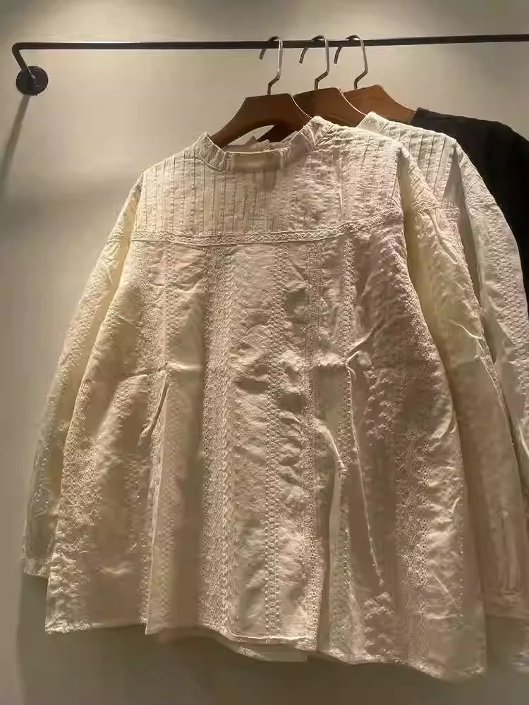 Elegante Damenblusen aus 100 % Baumwolle mit Stickerei, ausgehöhlt, weiß, schwarz, beige Hemden, Damen-Bürokleidung, Damen-Langarm-Tops