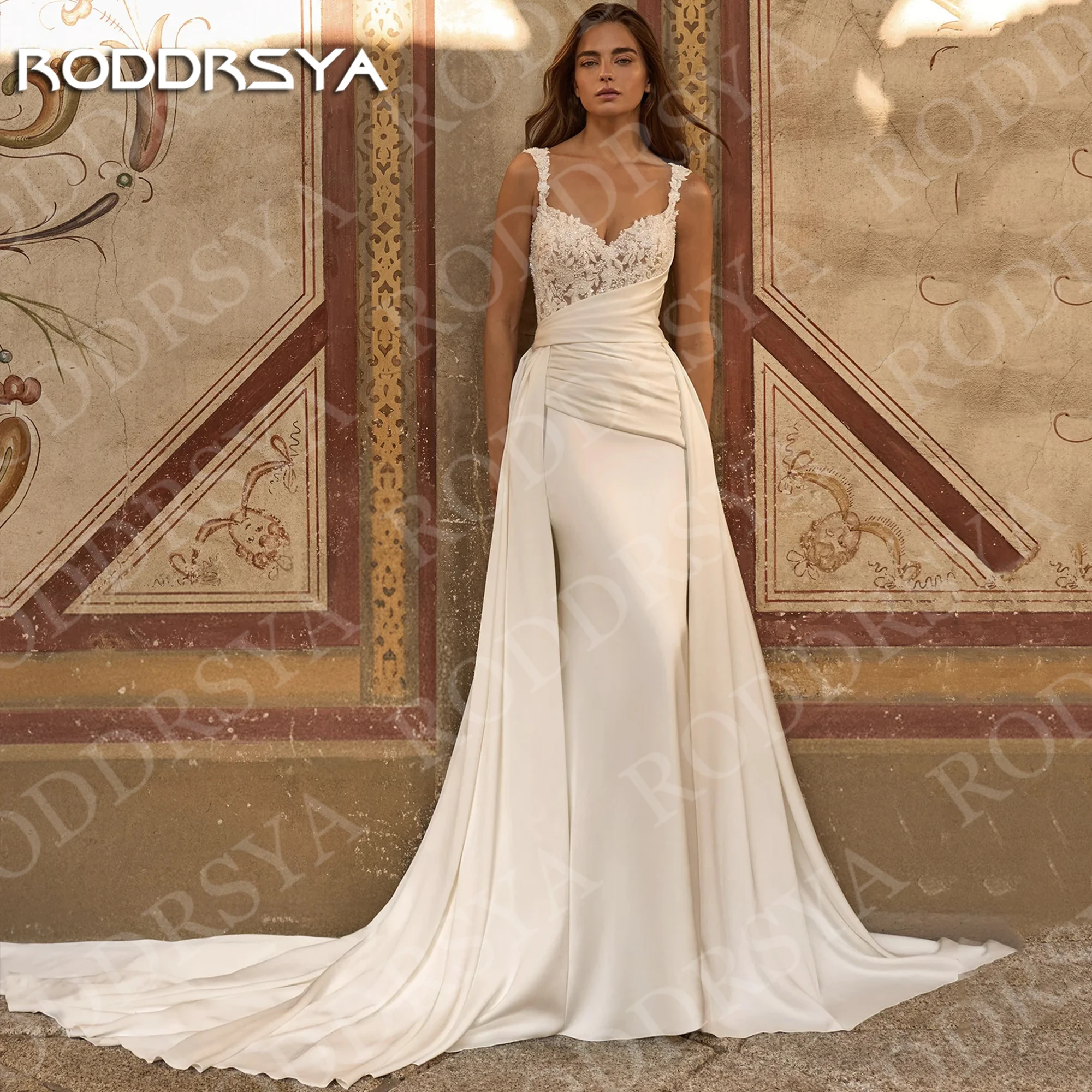 RODDRSYA Meerjungfrau-Hochzeitskleid mit abnehmbarer Schleppe Spitze herzförmige Applikationen Satin-Brautkleider maßgeschneiderte Meerjungfrau Hochzeitskleid abnehmbare Zug Spitze Liebling