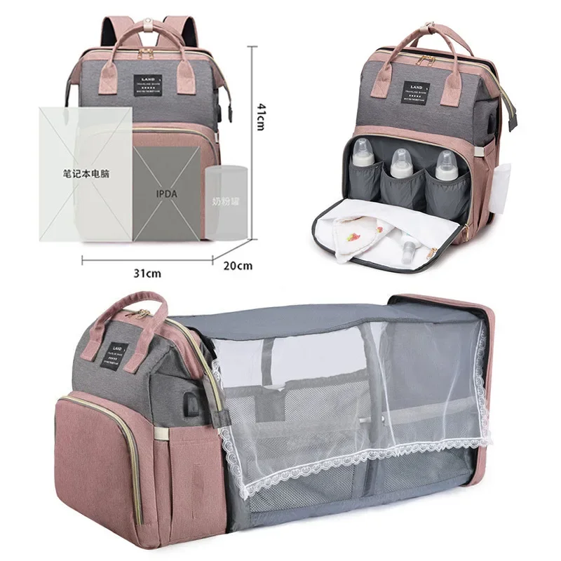 Multifunctional Mother and Baby Bag Mom Bag Bottle Backpack 2024 New Folding Sleeping Changing Bag Diaper Backpack