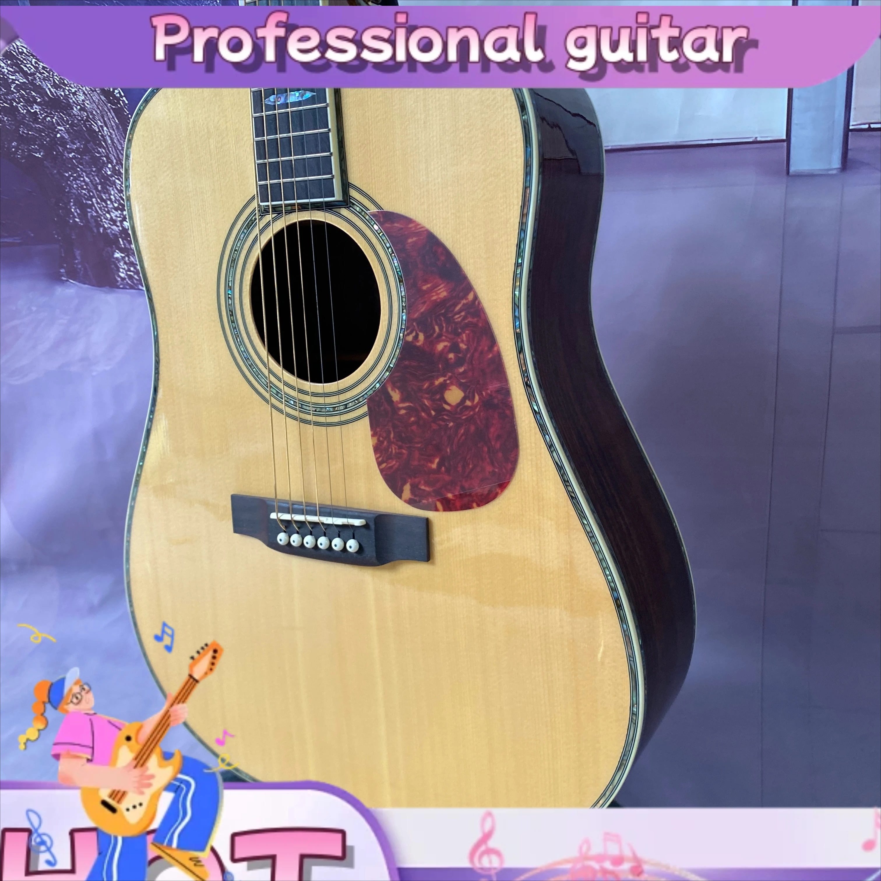 Fotografia 5: Violão Acústico D45 com Captador Integrado, Tampo Sólido em Abeto, 41 Polegadas, Som Estável, Cor de Madeira, Incrustações em Concha de Abalone