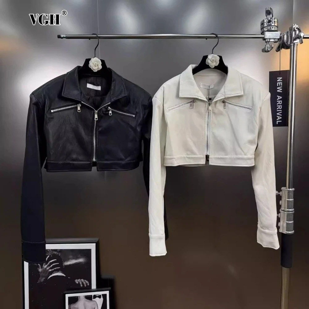 

VGH Solid Spliced Pu Leather Short Jacket for Women Stand Collar Long Sleeve Patchwork Zipper Jackets Female Autumn Clothing New