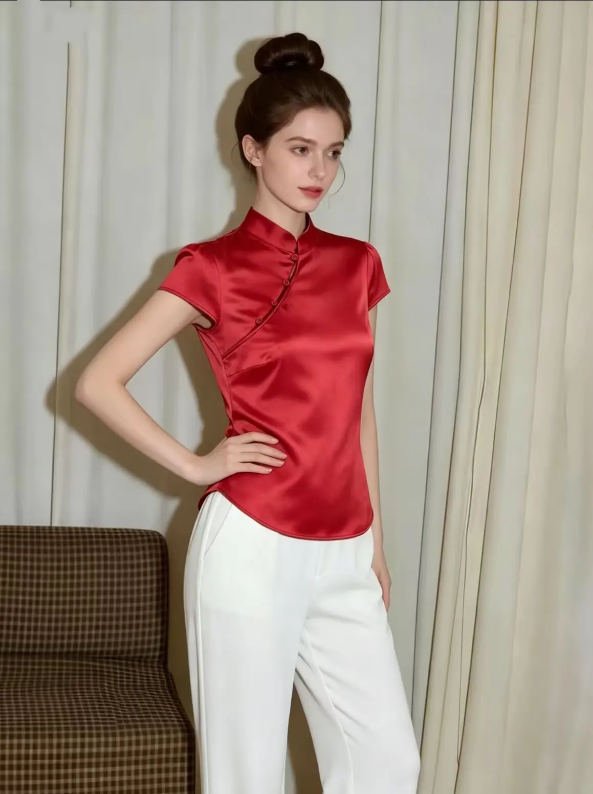 Women's Chinese Style Satin Tang Blouse, Traditional Chinese Qipao Blouse, Cheongsam Top, 2026 Summer Mandarin Collar Satin Top