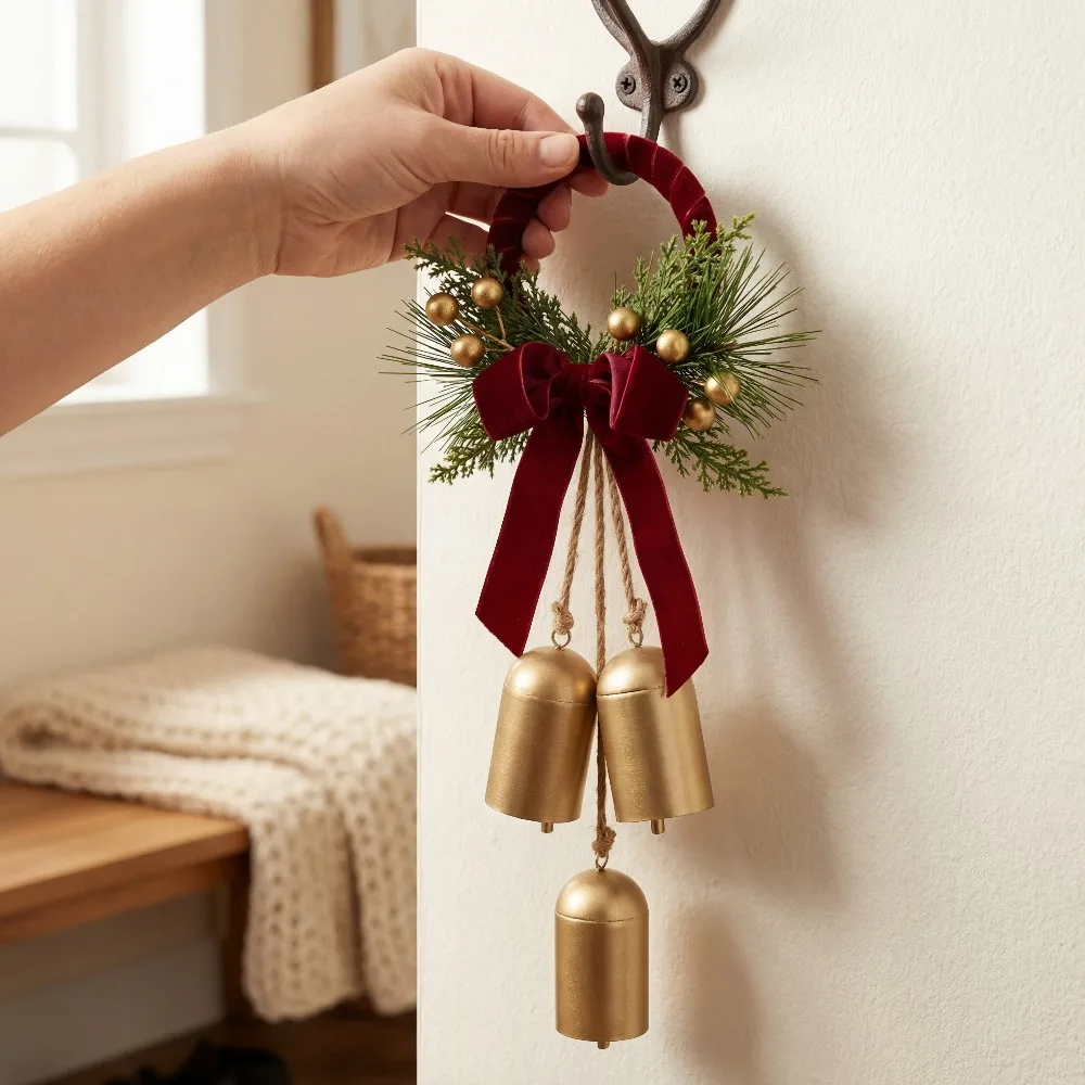 Farmhouse Christmas Wind Chime Door Hanger, Golden Bell with Pine Needles and Bow, Clear Ringing Sound Entryway Foyer Decoration