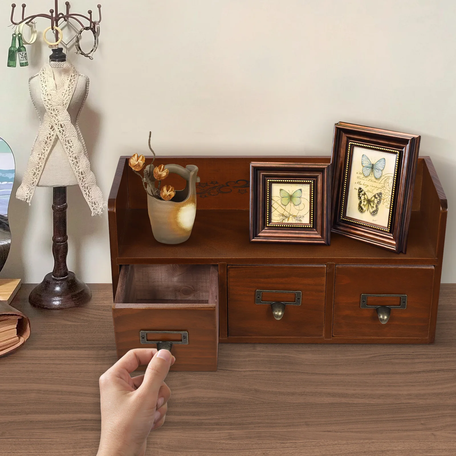 

Винтажный настольный органайзер с 3 ящиками из соснового дерева, шкафчик для хранения чайных пакетиков, кофейных капсул, сахарных пакетиков, для дома, кухни, офиса, на столешницу