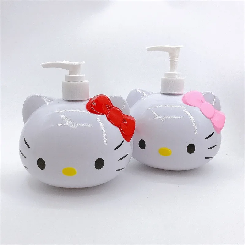 Sanrio Anime Cartoon 450ml Bath Bottle Hello Kitty Kawaii Cat Head Shape Push Type Bath Bottle Shampoo Dish Soap Storage Bottle