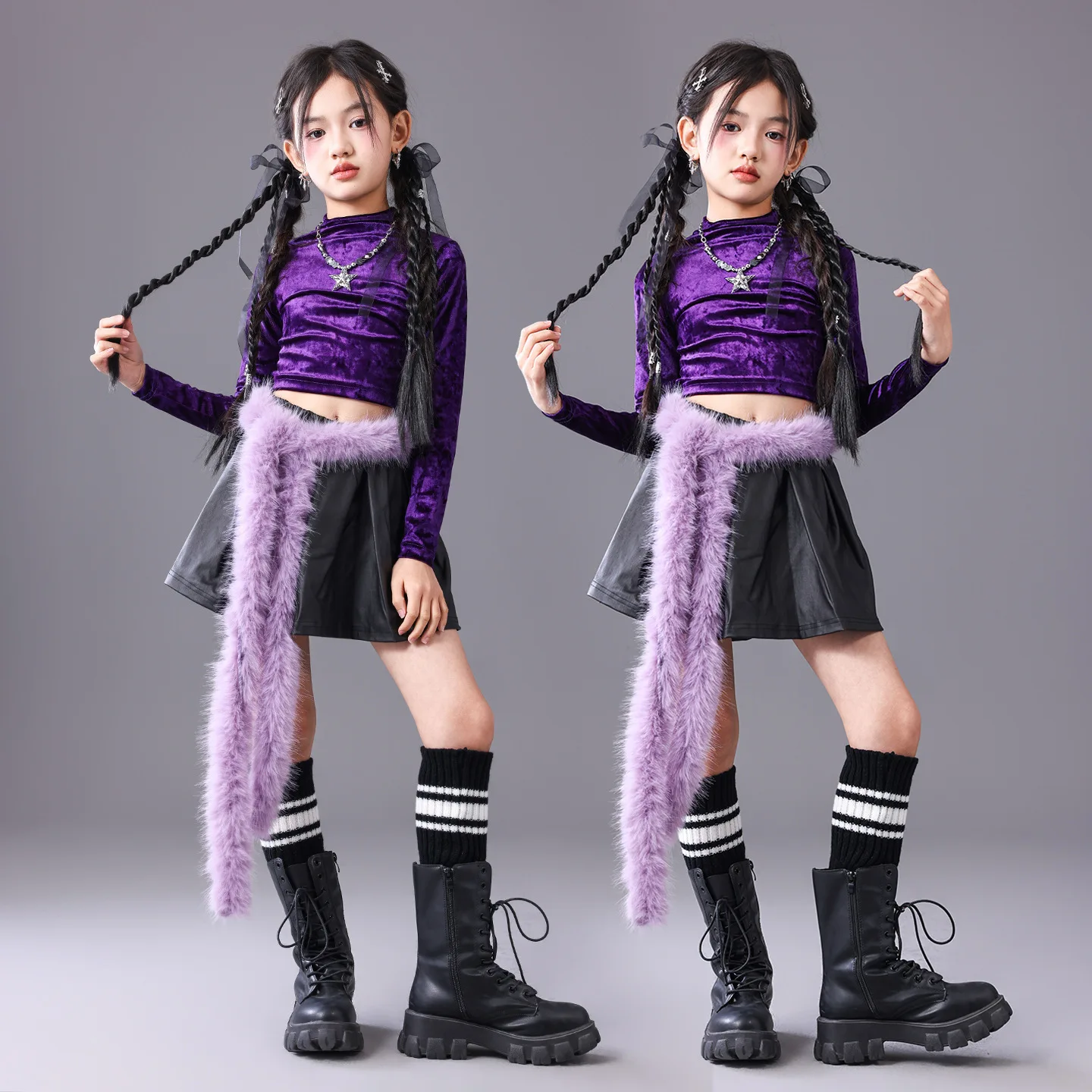 Girls K-pop Purple Velvet Crop Top‌ Street Dance Cargo Pants Children Hip Hop Skirts Streetwear Kids Jazz Girl Group Clothes Set