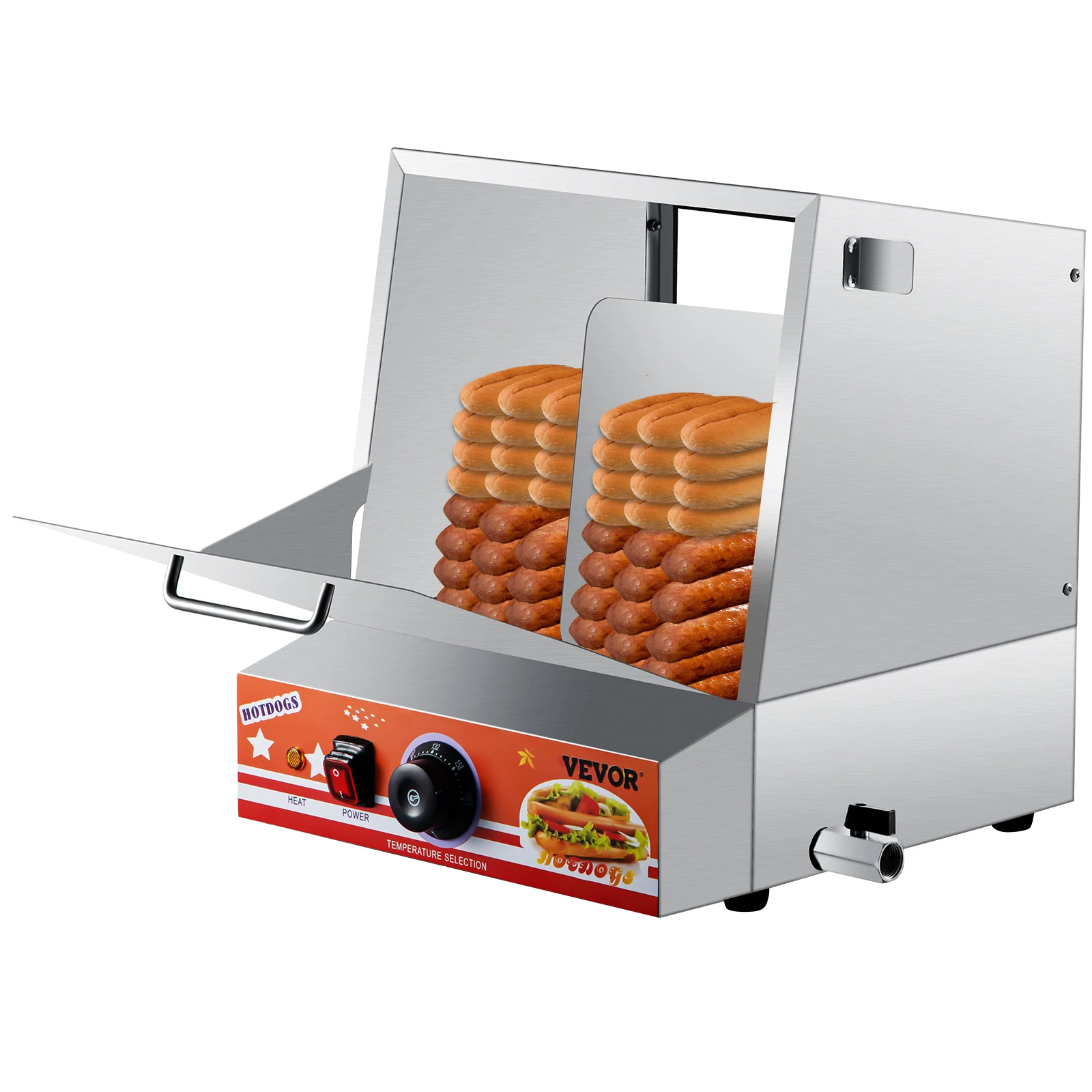 

VEVOR 2-Tier Hot Dog Steamer Easy Cleaning Stainless Steel Spacious Electric Bun Warmer Cooker with Tempered Glass Slide Doors