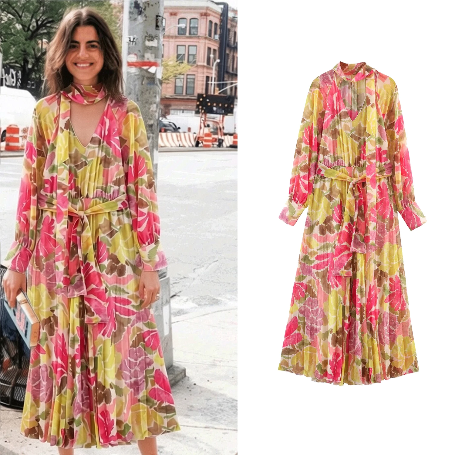 Bohe Damen Blumenprint Plissiertes Kleid Sommer Elegantes V-Ausschnitt Langarm-Kleid mit Gürtel Damen Schnürkleid