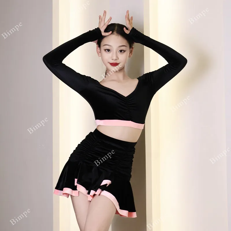 

Girls' Autumn Winter Professional Salsa Samba Latin Dance Competition Skirts Child New Rumba Tango Ballroom Performance Dresses