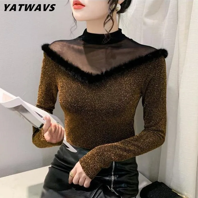 

New Autumn Korean Clothes T-Shirt Sexy Fashion Perspective Mesh Patchwork Shiny Women's Tops Streetwear Female Long Sleeve Tees