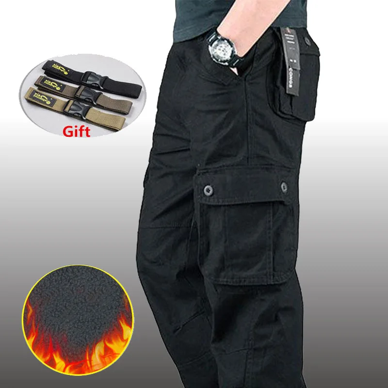 

Winter Fleece Cargo Pants Men Cotton Straight Multi Pockets Loose Long Trousers Military Thick Overalls Pantalon Casual Pants