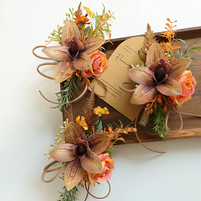 

25069 Orchid Boutonniere for Men, Wrist Corsage Artificial Flowers for Wedding Decor/Prom/Homecoming, etc.boat orchids caramel