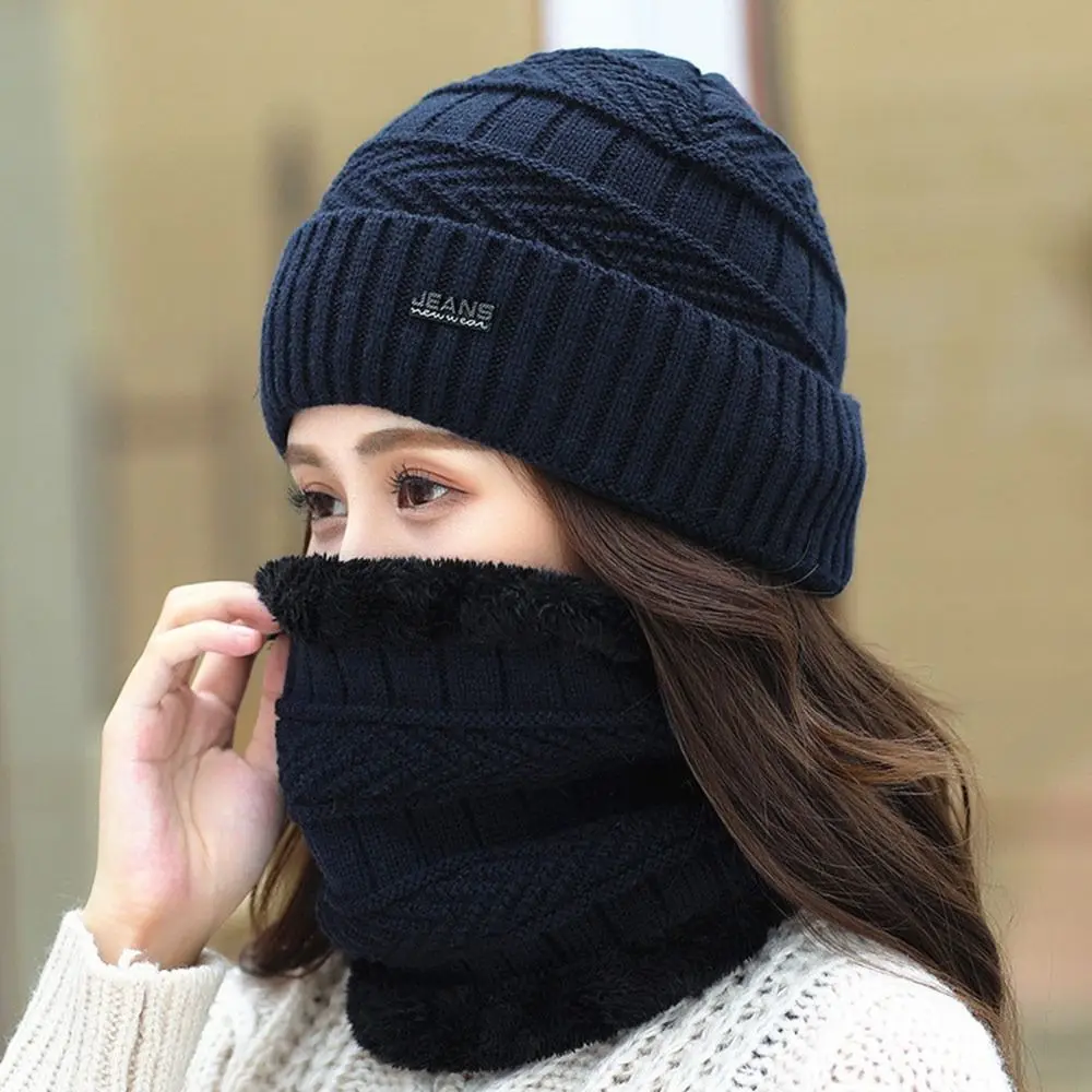 Two-Piece Set Fashion Women Knitted Hat Scarf Caps Neck Warmer Winter Hats For Men Women Skullies Beanies Warm Fleece Cap