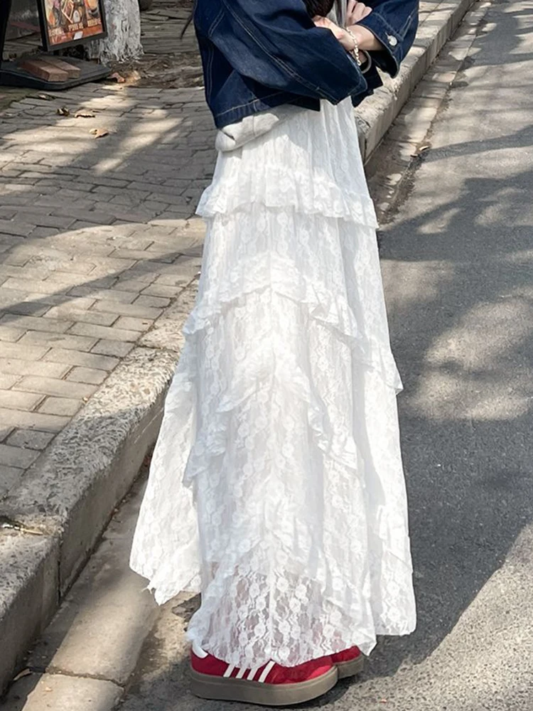 Jupe longue en dentelle blanche et maille pour femmes, Style Preppy doux, élégante, taille haute, Vintage, décontractée, Patchwork, ample, mignonne