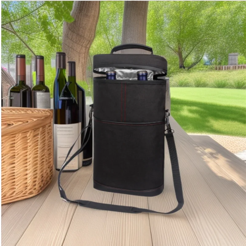 

Portable Outdoor Wine Cooler Bag, Holds 2 Bottles 750ml Red Wine Beer, Handheld Insulated Travel Wine Carrier with Glass Storage
